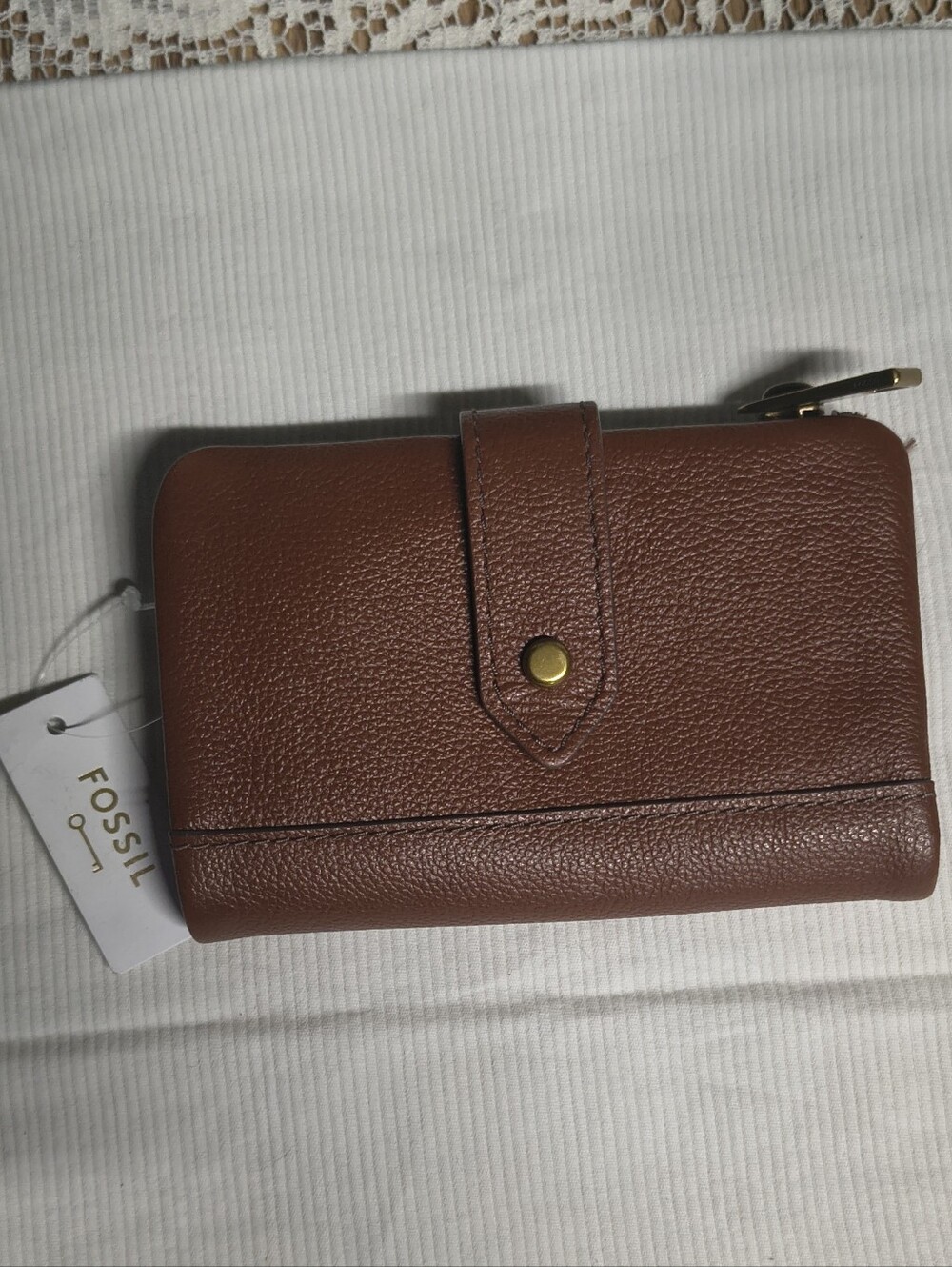 NWT Fossil Medium Brown Leather Snap Wallet Trifold Grey Interior